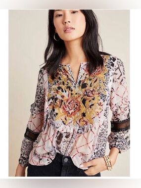 Anthropologie Mathilda Balloon Sleeve Mixed Print Blouse Size Medium Floral Boho